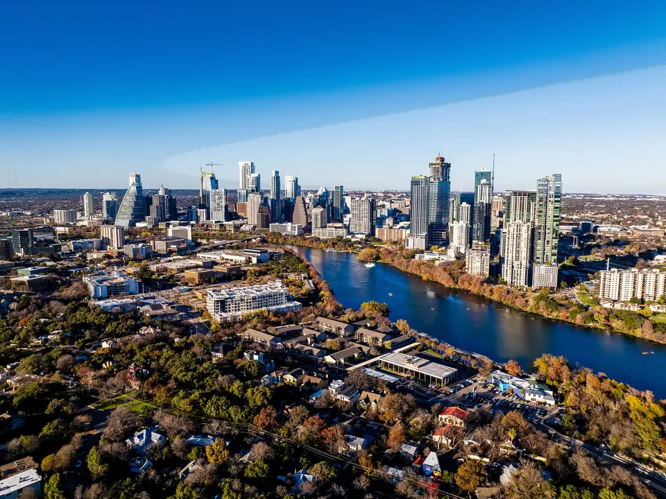 Lady Bird Lake and downtown Austin seen from above Travis Heights